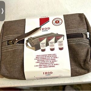 NWT IZOD Classics Brown Travel Bag with body wash,lotion & face cleanser